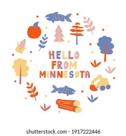 USA collection. Hello from Minnesota theme. State Symbols round shape card