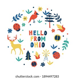 USA collection. Hello from Ohio theme. State Symbols round shape card
