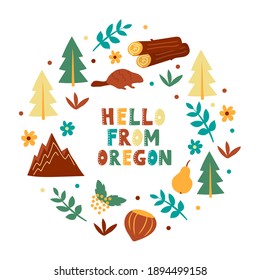 Colección USA. Hola de la temática de Oregon. Tarjeta de forma redonda Símbolos de estado