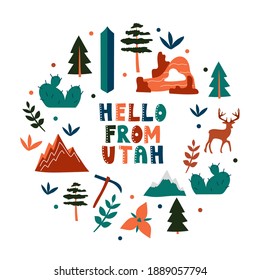 USA collection. Hello from Utah theme. State Symbols round shape card