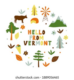 USA collection. Hello from Vermont theme. State Symbols round shape card