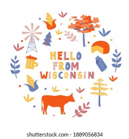 USA collection. Hello from Wisconsin theme. State Symbols round shape card