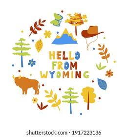 USA collection. Hello from Wyoming theme. State Symbols round shape card on white