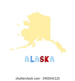 USA collection. Map of Alaska - yellow silhouette. Doodling style lettering
