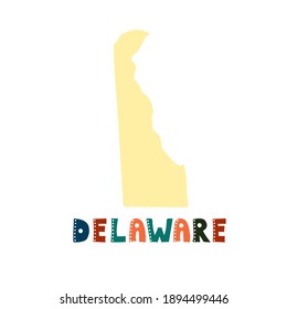 USA collection. Map of Delaware - yellow silhouette. Doodling style lettering