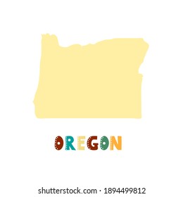 USA collection. Map of Oregon - yellow silhouette. Doodling style lettering