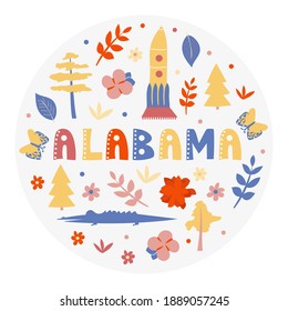 USA collection. Vector illustration of Alabama theme. State Symbols - round shape