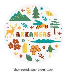 Colección USA. Ilustración vectorial del tema de Arkansas. Símbolos de estado - forma redonda