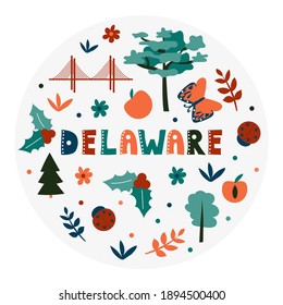 Kollektion USA. Vektorgrafik von Delaware-Thema. Staatssymbole - runde Form