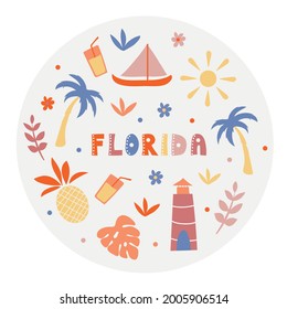 USA collection. Vector illustration of Florida. State Symbols - round shape