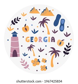 Colección USA. Ilustración vectorial de USA Georgia. Símbolos de estado - forma redonda