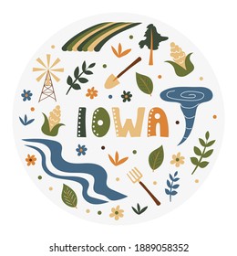 USA collection. Vector illustration of Iowa theme. State Symbols - round shape