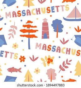Colección USA. Ilustración vectorial del tema de Massachusetts. Símbolos de estado - patrón ininterrumpido