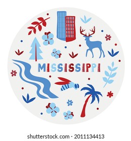 USA collection. Vector illustration of Mississippi. State Symbols - round shape