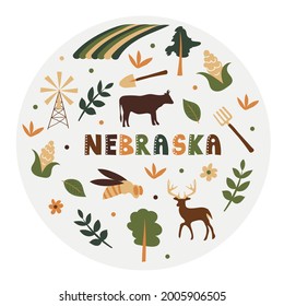 USA collection. Vector illustration of Nebraskao. State Symbols - round shape