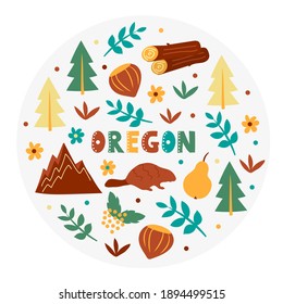 USA collection. Vector illustration of Oregon theme. State Symbols - round shape