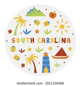 USA collection. Vector illustration of South Carolina. State Symbols - round shape