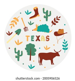 USA collection. Vector illustration of Texas. State Symbols - round shape