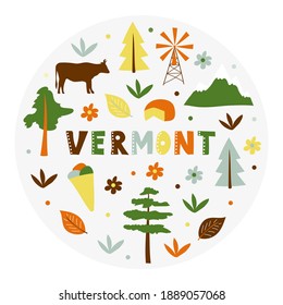 USA collection. Vector illustration of Vermont theme. State Symbols - round shape