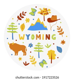 USA collection. Vector illustration of Wyoming theme. State Symbols - round shape