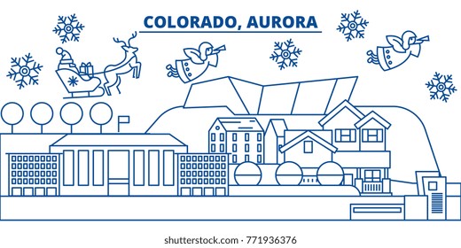USA, Colorado, Aurora winter city skyline. Merry Christmas and Happy New Year decorated banner. Winter greeting card with snow and Santa Claus. Flat, line vector. Linear christmas illustration
