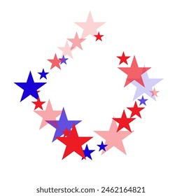 USA colors confetti stars on pink background with copy space.   backdrop Vector Illustration, Blue and Red 4th of July Stars sparkles isolated on white.