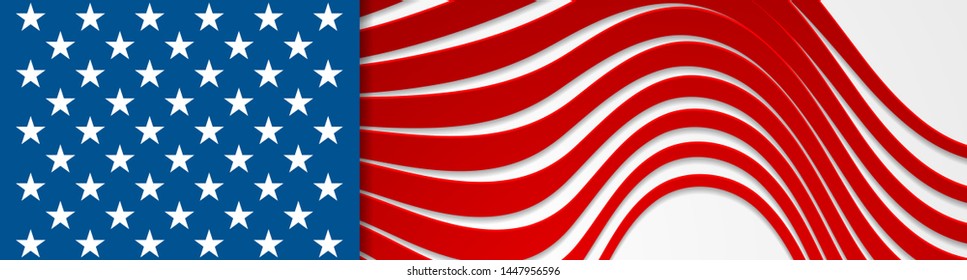 USA colors and stars abstract bright wavy banner design. Independence Day vector background. Concept american flag
