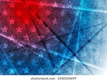 USA colors, stars and glowing stripes abstract grunge retro background. Independence Day modern design. Concept american flag. Vector illustration