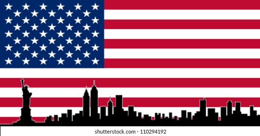 USA Colour Flag New York City Vector Skyline