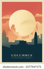 Afiche de brutalismo de la ciudad de USA Columbus con perfil abstracto, cityscape Ohio ilustración vectorial retro. portada de la guía de viajes del estado de EE.UU., folleto, folleto, imagen de la plantilla de presentación de negocios