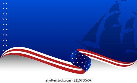 USA Columbus Day Background with Silhouette of Ship, United States national flag and Copy Space Area.