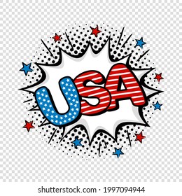 USA comic logo on transparent background. Cartoon White explosion with stars. Pop art vector illustration for  July 4th in national colors of United States of America.