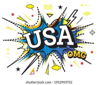 USA Comic Text in Pop Art Style Isolated on White Background. Vector Illustration.