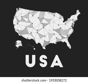USA communication network map of country. USA trendy geometric design on dark background. Technology, internet, network, telecommunication concept. Vector illustration.