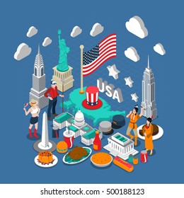 USA concept composition with culture and travel symbols isometric vector illustration 