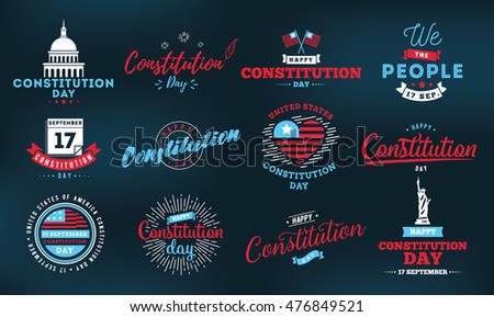 USA constitution day emblems set. 17 september. Isolated vector elements. Logo and calligraphy design. Usable for constitution day greeting cards, posters, banners.