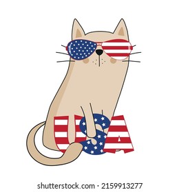 USA    Cool cat in american flag sunglasses  Hand drawn vector illustration  Good for T shirt print  poster  card  label    other gifts design 