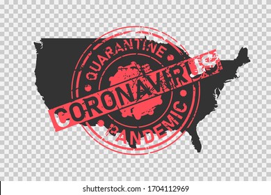 USA coronavirus stamp. Concept of quarantine, isolation and pandemic of the virus in United States of America. Grunge style texture stamp over black map of US. Vector illustration.