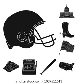 USA country black icons in set collection for design.Travel and attractions vector symbol stock web illustration.