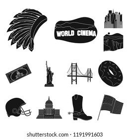 USA country black icons in set collection for design.Travel and attractions vector symbol stock web illustration.