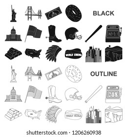 USA country black icons in set collection for design.Travel and attractions vector symbol stock web illustration.