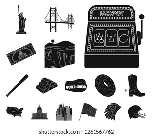 USA country black icons in set collection for design.Travel and attractions vector symbol stock web illustration.