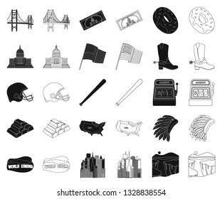 USA country black,outline icons in set collection for design.Travel and attractions vector symbol stock web illustration.