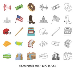 USA country cartoon,outline icons in set collection for design.Travel and attractions vector symbol stock web illustration.