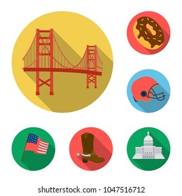 USA country flat icons in set collection for design.Travel and attractions vector symbol stock web illustration.