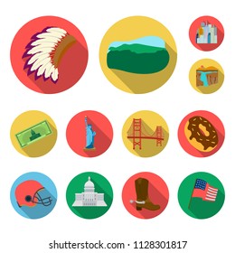 USA country flat icons in set collection for design.Travel and attractions vector symbol stock web illustration.