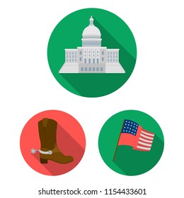 USA country flat icons in set collection for design.Travel and attractions vector symbol stock web illustration.