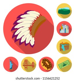 USA country flat icons in set collection for design.Travel and attractions vector symbol stock web illustration.