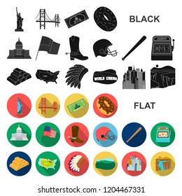 USA country flat icons in set collection for design.Travel and attractions vector symbol stock web illustration.