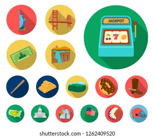 USA country flat icons in set collection for design.Travel and attractions vector symbol stock web illustration.